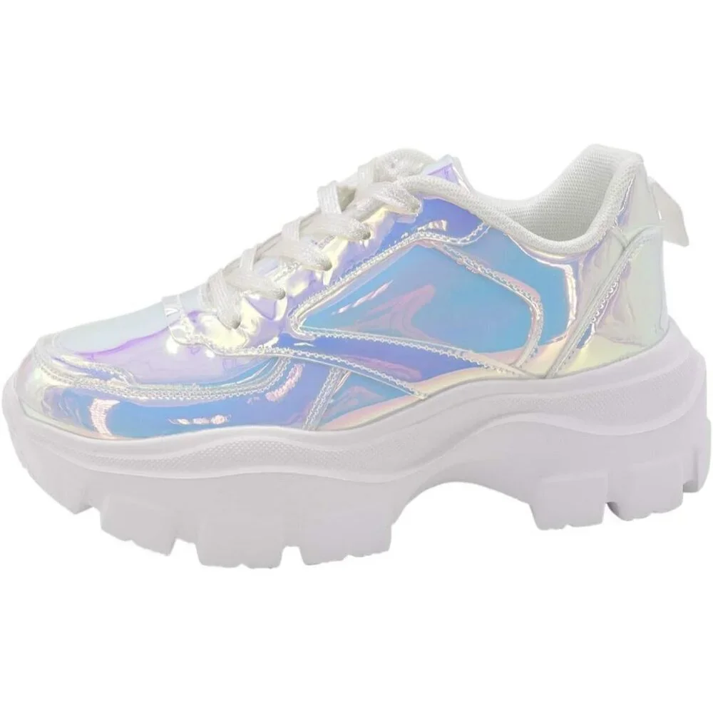 Women White Hologram Platform Fuchsia Hologram Casual Lace-Up Sneakers